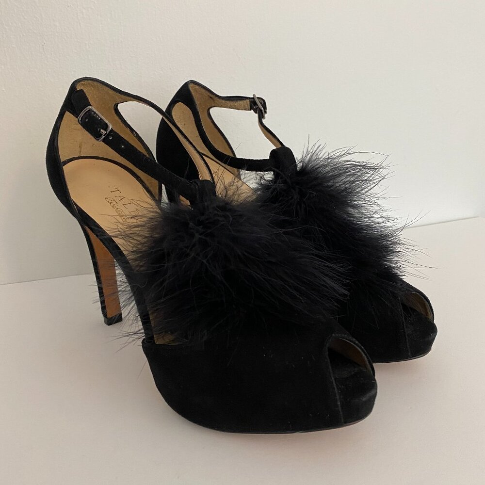 Talbots Black Feather Suede T-Strap Heels Womens 6.5